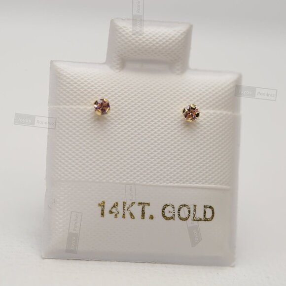 14K Solid Gold Pink CZ Stud Earrings • 2 mm Delicate Gift For Girls & Teens. - Picture 1 of 7